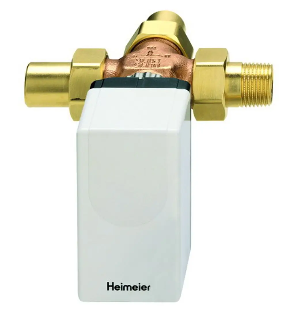 Moogelektronischer Stellantrieb in kompakter Bauform, mit metallischem Anschlussteil. Produkt von IMI Hydronic Engineering, geeignet zur Regelung von Heizungsanlagen.